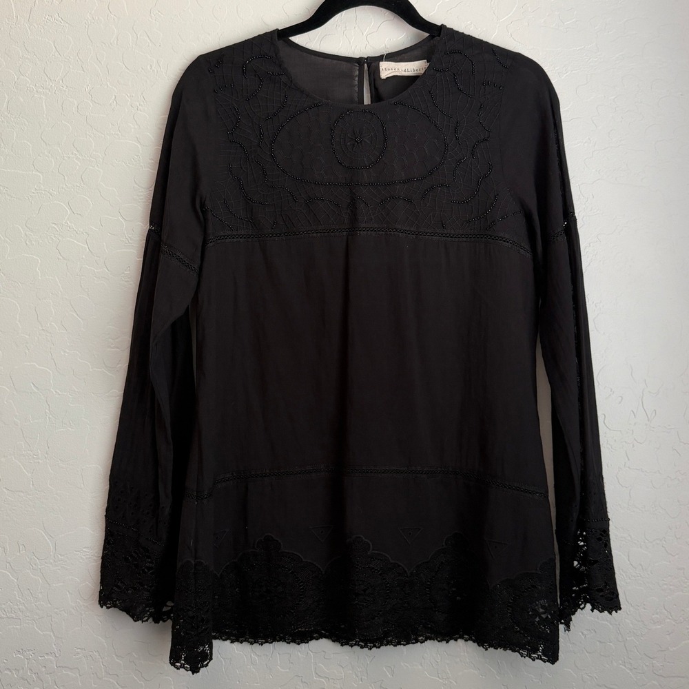 4 Love And Liberty Johnny Was Women's Lace Trim Long Sleeve Blouse Black Small